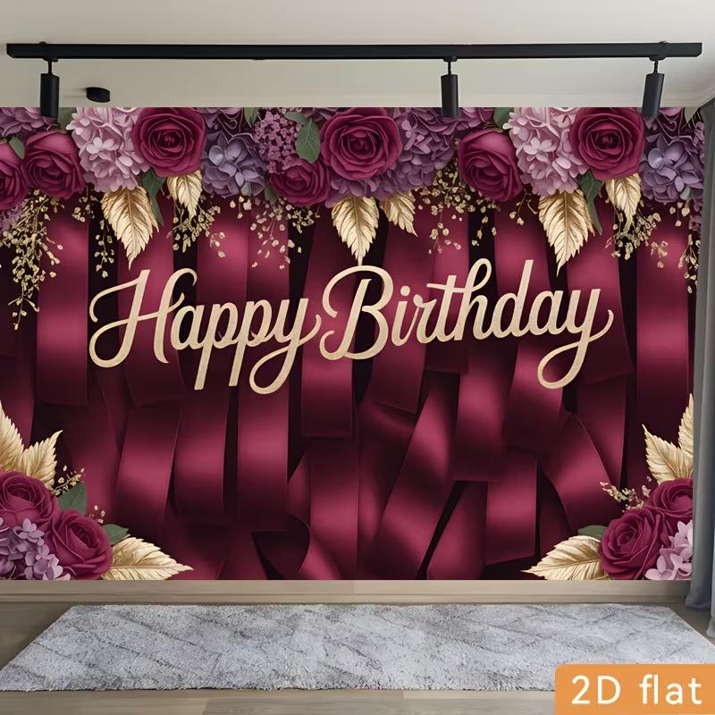 2D Birthday Photography Backdrop Burgundy Background with Purple Flowers and Satin Ribbons