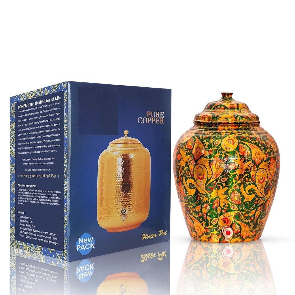 Printed Design Copper Water Dispenser Pot Matka, Stoarage, Home Garden, 10 LTR,