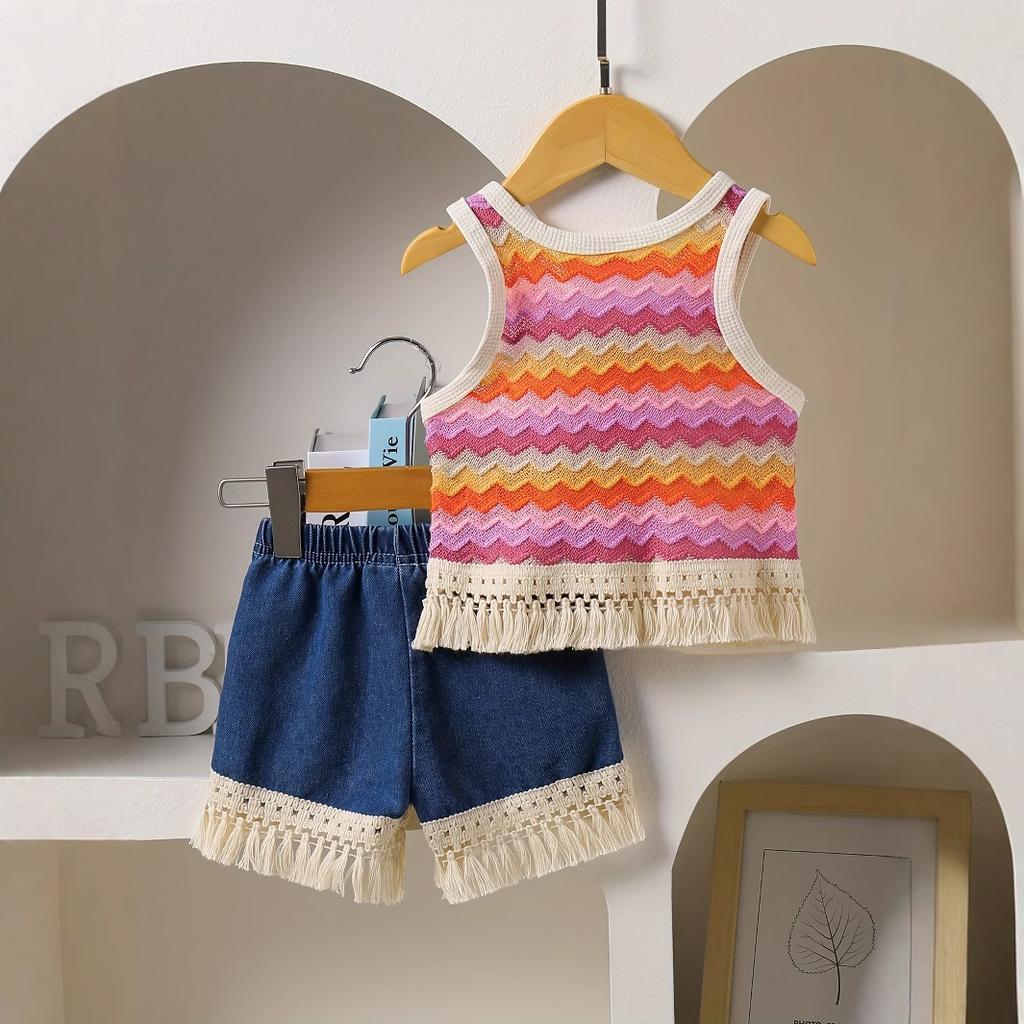 Baby Girl Fashion Fringe Striped Sleeveless Top And Denim Shorts Set Sweet Cute Thin Summer Clothing Two Piece Outfit
