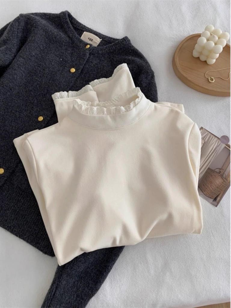 2025 French Lace Semi-High Neck Long Sleeve Shirt for Women - Autumn/Winter Style