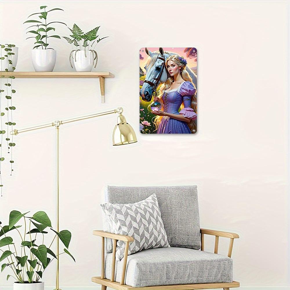 1pc Enchanted Forest Scene Metal Tin Sign 8x12 Inch - Vintage Wall Art with Princess, White Horse & Magical Orb, Perfect for Hom