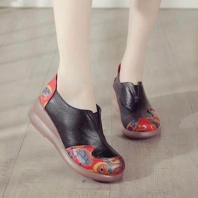 Spring Muffin Sole Casual Women's Shoes Ethnic Style Leather Color Matching Single Shoes Increase Height