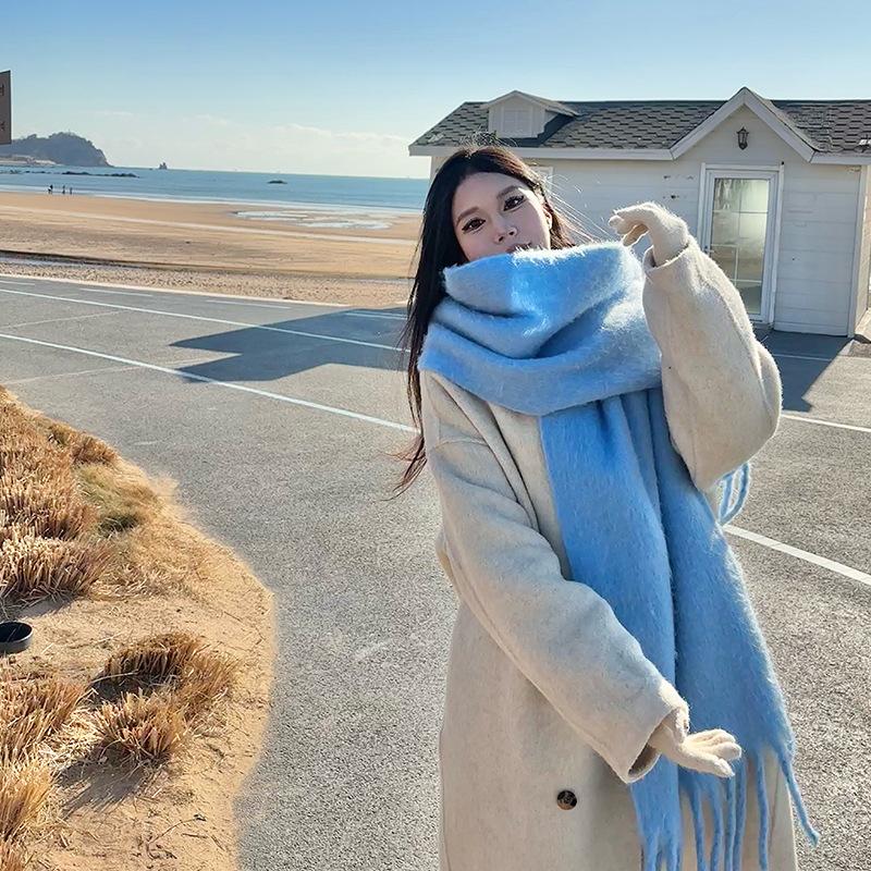 

New Simple Women Scarf Female Winter Solid Mohair Thickened Warm Long Scarves Soft Coarse Braid Tassel Shawl Wrap Retro Shawls 195x38CM