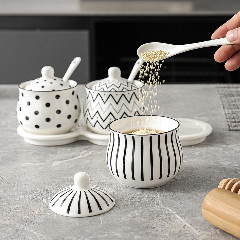 Ceramic Spice Jar Set Home Kitchen Salt Pepper Oil Chili Container Combo