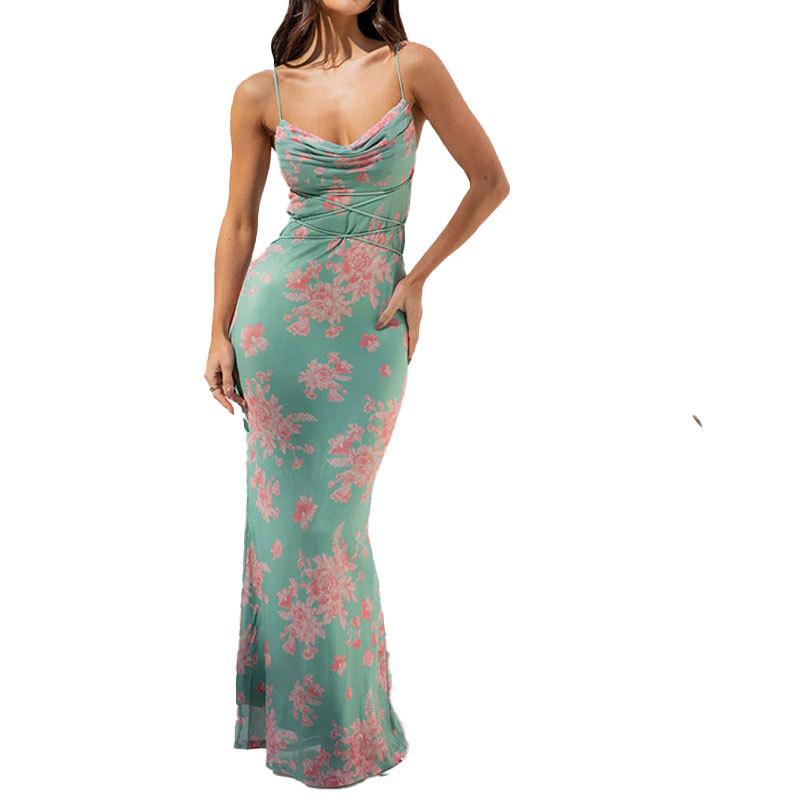 

Летние женские длинные модные платья с бретельками и цветочным принтом на бретельках на бедрах L зелёный