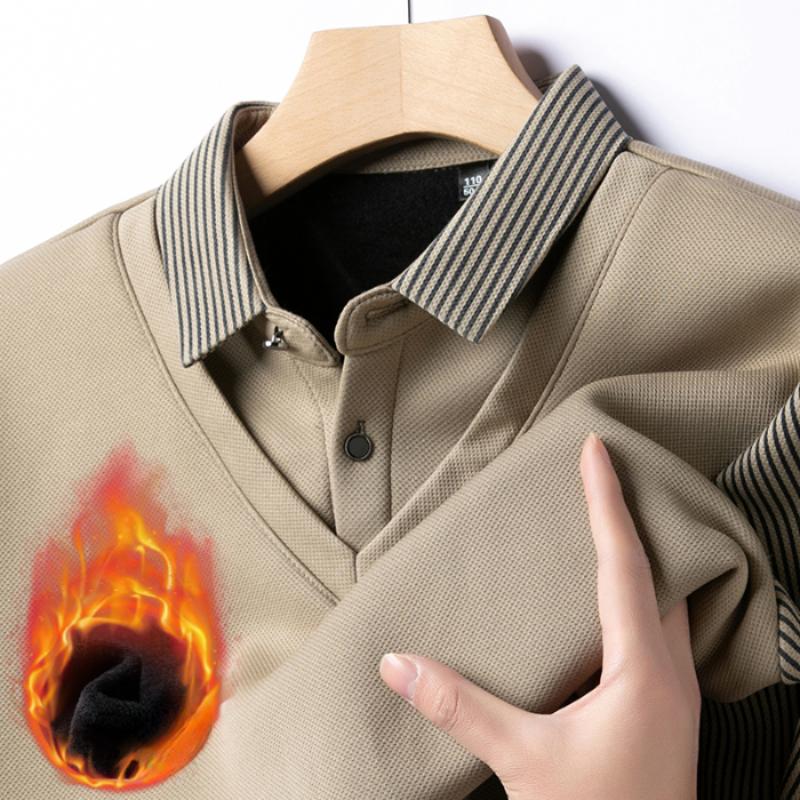 Men's Winter Fleece Fake Two Piece T-shirt Button Striped Polo Shirt Long Sleeve Fashion Casual Thicken Solid Lapel Male Tops