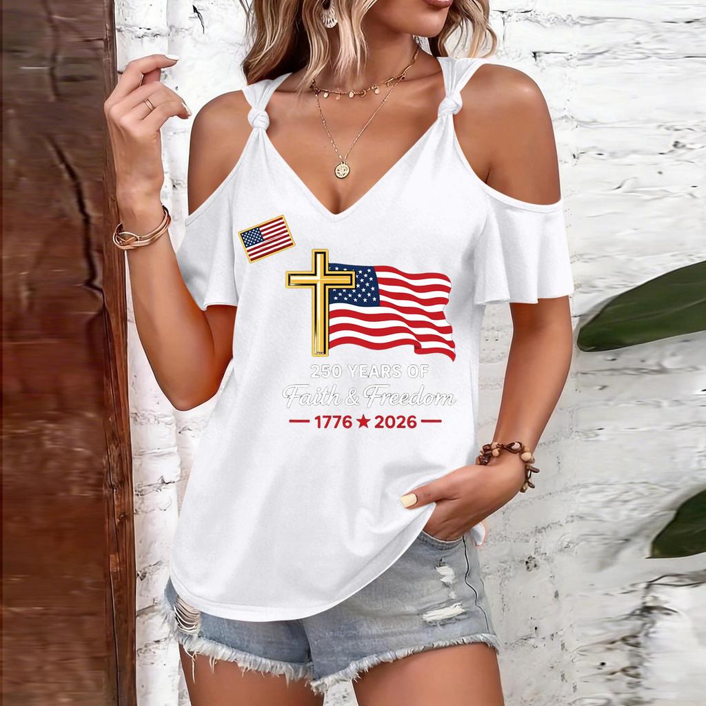 T-shirt décontracté pour femme à manches courtes et épaules dénudées avec imprimé Jour de l'Indépendance, col rond, coupe ample