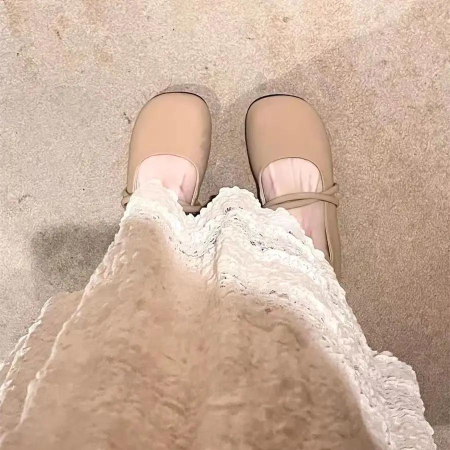 Low Heel Elegant Women's Flat Shoes Single Khaki Round Toe 2025 Summer Trend Vacation On Offer With Discount Y2k Ladies Footwear