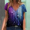 Gradient Style Water Droplet Pattern 3D Printed Women's Trendy V-neck Short Sleeved T-shirt