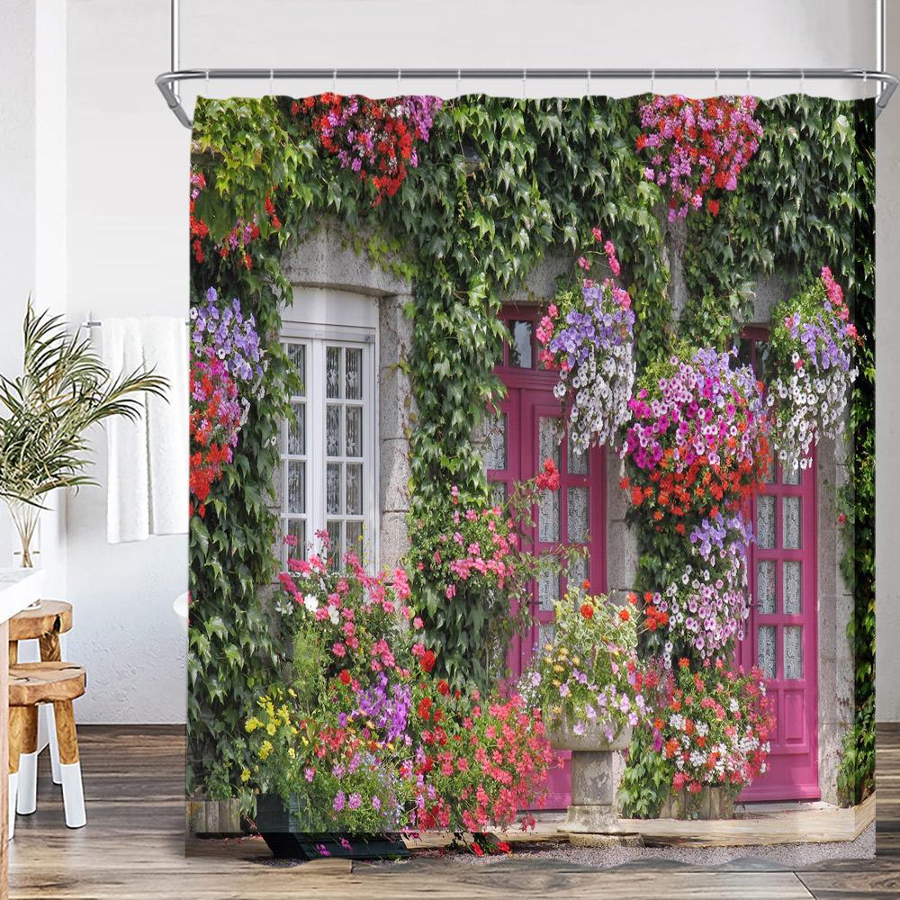Green Vines Brick Wall Shower Curtain Pink Flowers European Garden Arch Door Bathroom Decorations Vintage Bath Curtain with Hook