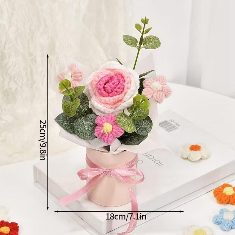 Crochet Flower Bouquet Teacher's Day Gifts with LED Light String Hand Knitted Flowers Graduation Artificial Flowers Decor