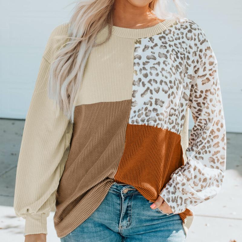 Herbst und Winter Neu Leopard Print Gestricktes Freizeitshirt Damen Langarm Tops Vintage Lockere Bluse für Damen Mode Elegant Damenblusen 25786