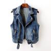 Damen Frühling/Herbst Kurze distressed Denim ärmellose Bikerjacke mit Kragen