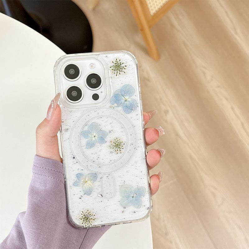 Magnetic Magsafe Phone Case for IPhone 17 Promax Flower Glitter for Apple 16 Wireless Charging 14