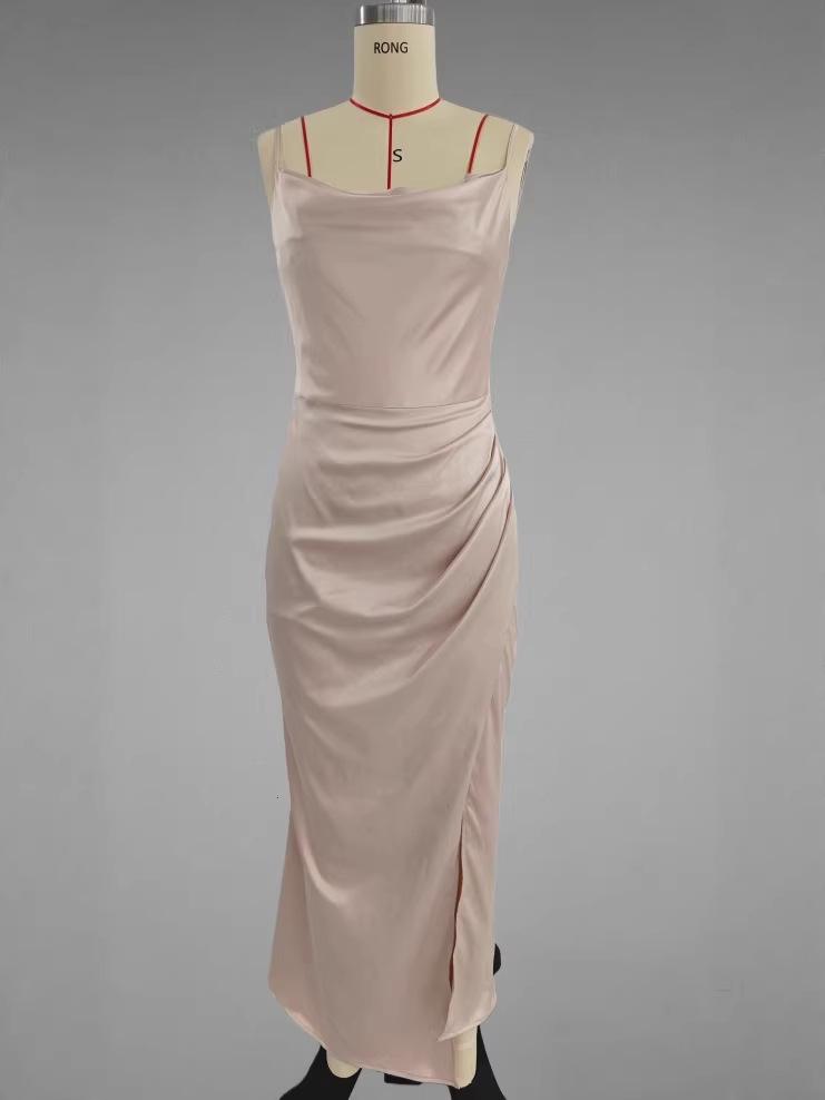 Elegant Satin Pleated Camisole Slit Evening Gown - Spring/Summer Style for Women