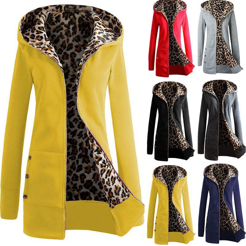 Womens Stylish Zip Hooded Coat With Leopard Print Hoodie And Warm Winter Outerwear