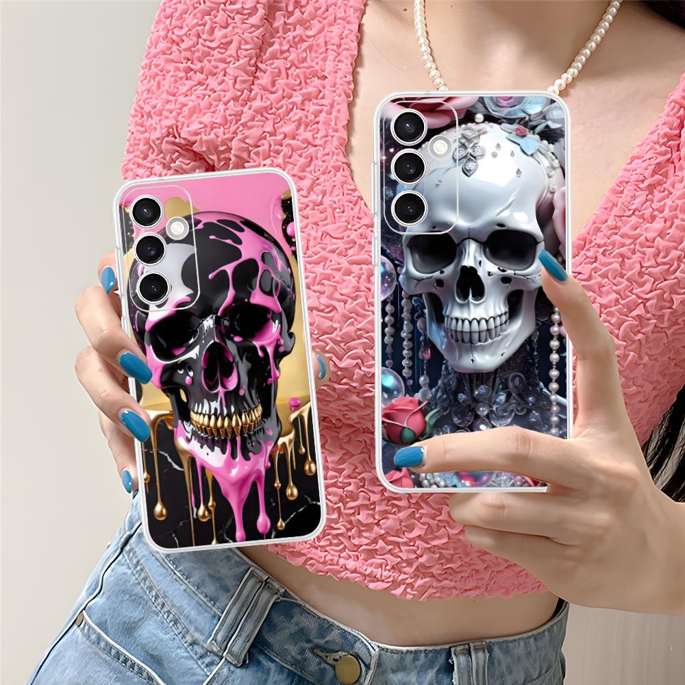 Silver Skull Clear Mobile Phone Case for Samsung Galaxy S25 S24 S23 S22 S21Plus FE Ultra Colorful Cover