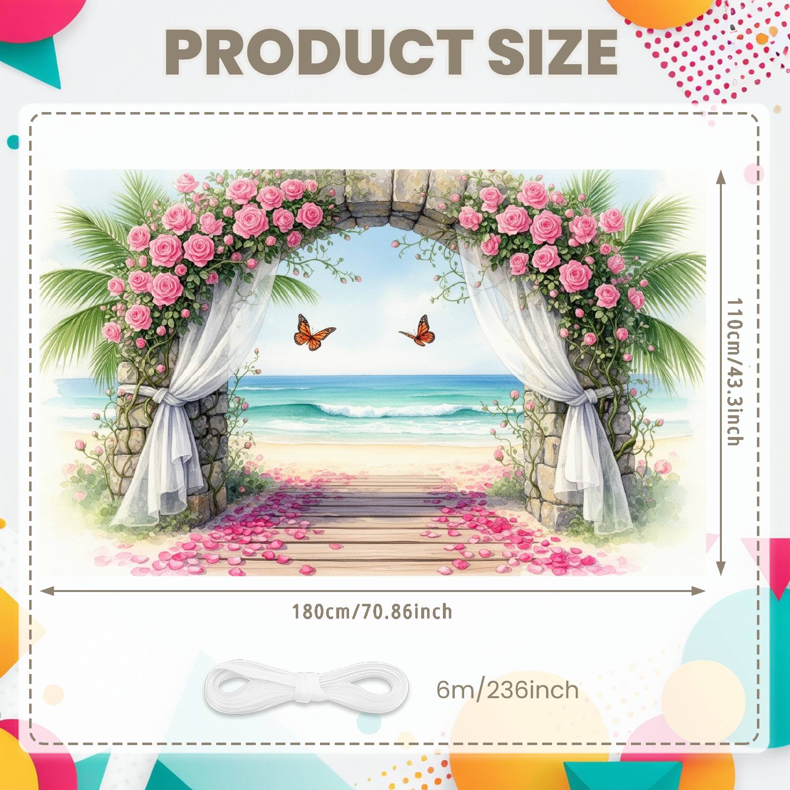 

Coastal Celebration Display White Sheer Drapery Romantic Rose Banner Coastal Event Background Palm Leaves For Engagement Couple