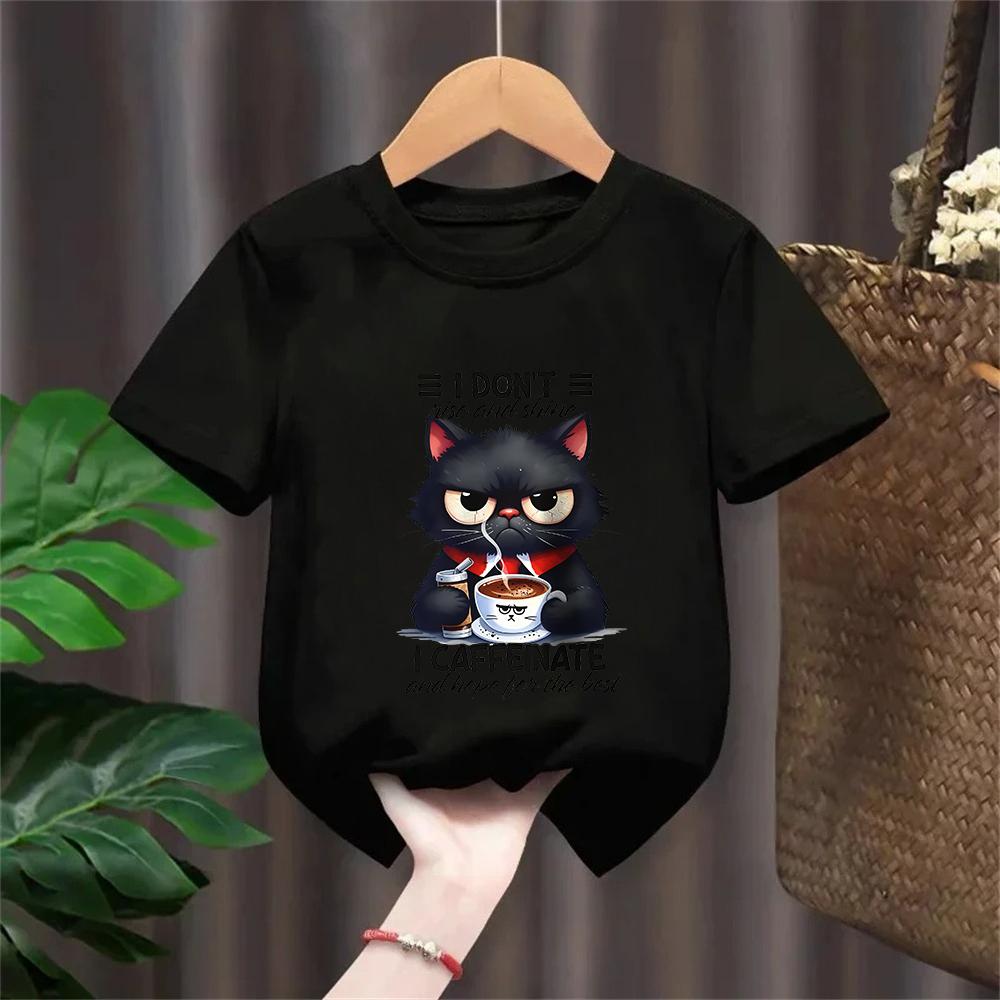 Coffee Loving Cat Print Kids 100 Cotton TShirt Soft Breathable Round Neck Short Sleeve Tee Boysgirls Quirky Style