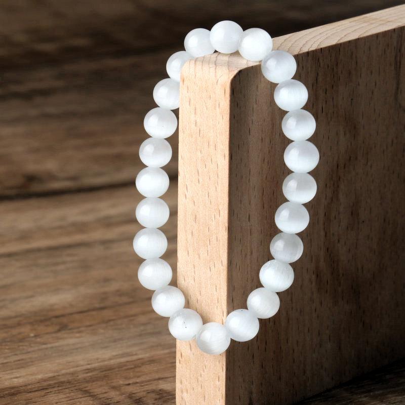 Selenite Cat's Eye Beaded Bracelet – Minimalist Calm Jewelry, Spiritual Cleansing Gift for Women