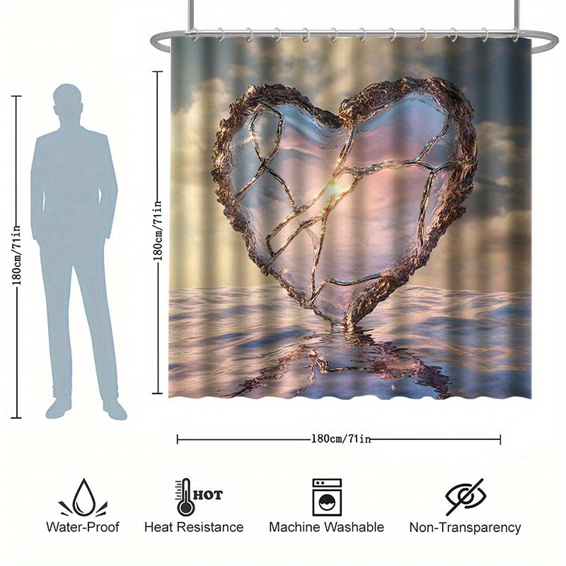 Heart Printed Shower Curtain Set - Ocean Background, 12 Hooks, Waterproof Polyester, Bathtub Partition, Modern Bathroom Decor