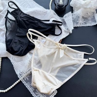 Women's Spring Summer Sexy Mesh Satin Hollowed Out Back Bow Low Rise Panties