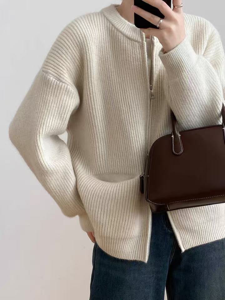 Double zipper solid color design sweater cardigan women's spring and autumn new Korean loose casual knitted sweater women