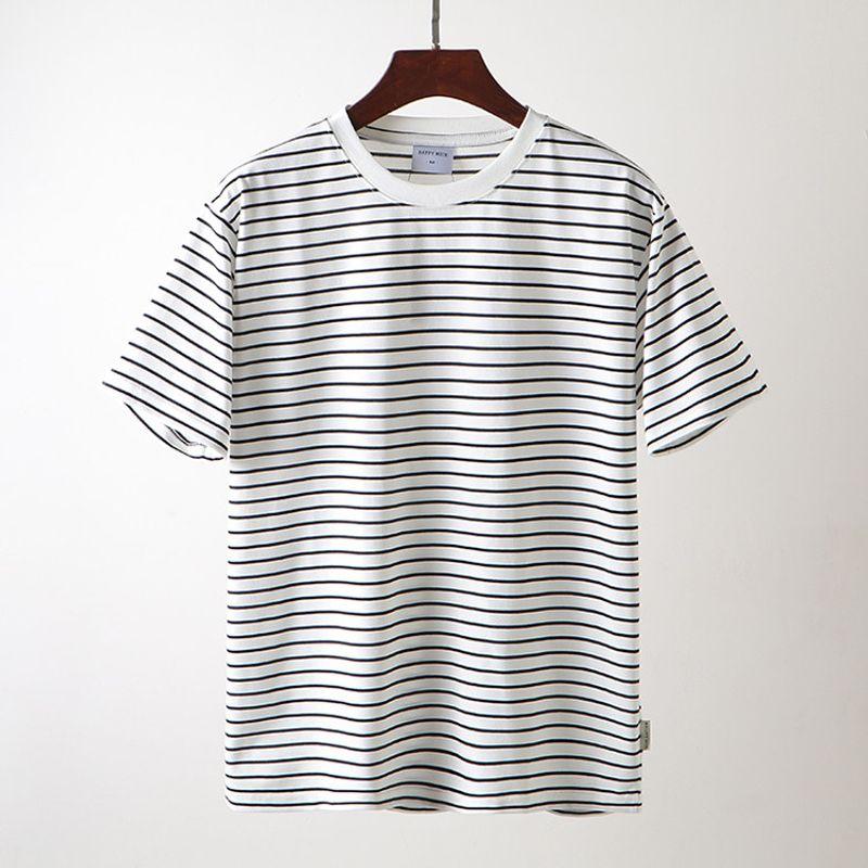 2025 New American vintage round Neck Knitted Stripes Short sleeve T-shirt Men's Summer Bottoming Shirt Foreign Trade Men's T-shirt