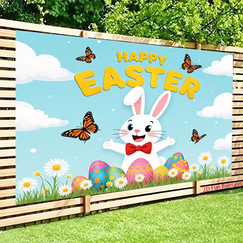 2D Easter Rabbit Colorful Eggs Photo Background