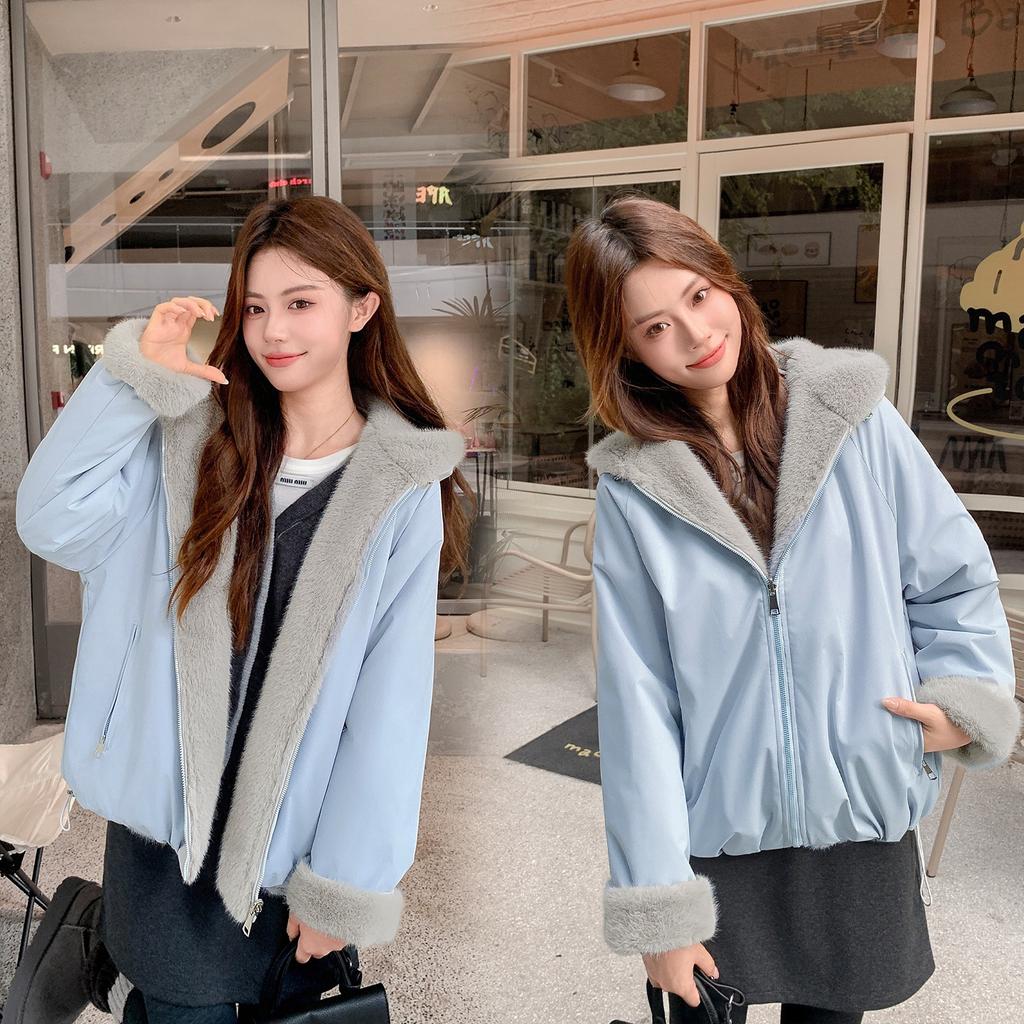 Imitation mink hair piled and thickened double-sided cotton clothes, fashionable casual versatile cotton-padded jackets in autumn and winter
