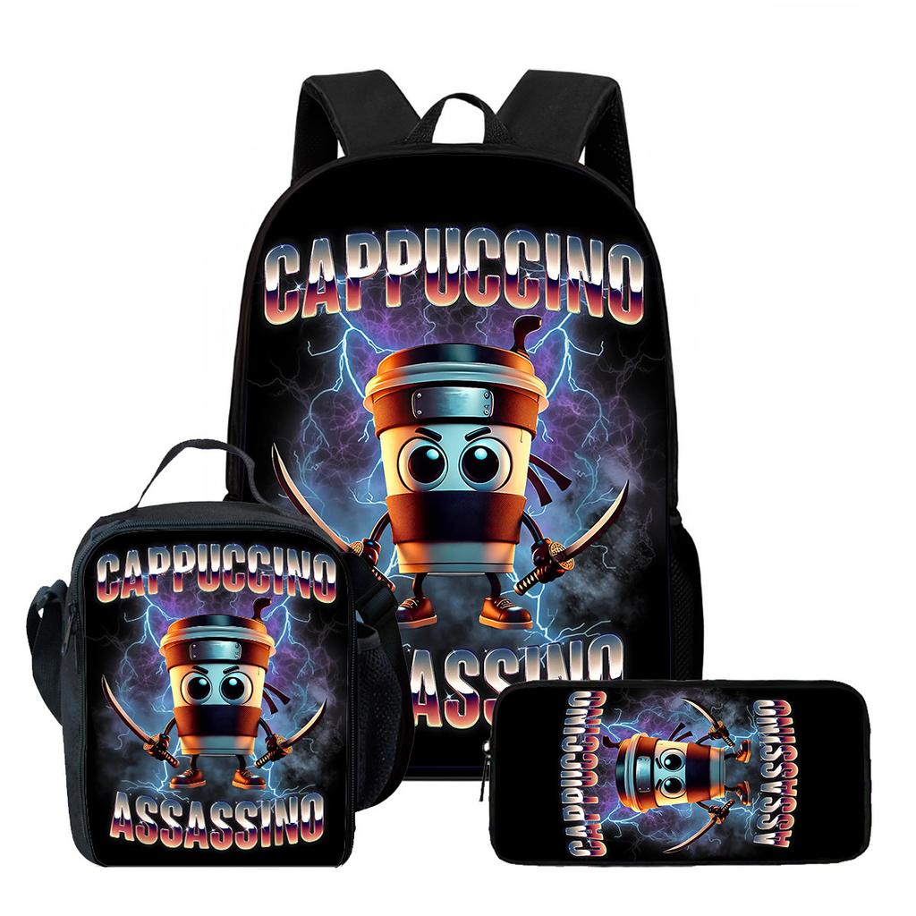 Pcs Set Brainrot Cartoon Child School Backpack with Lunch Bags ,Pencil Bags ,School Bags for Boys Girls Best Gift