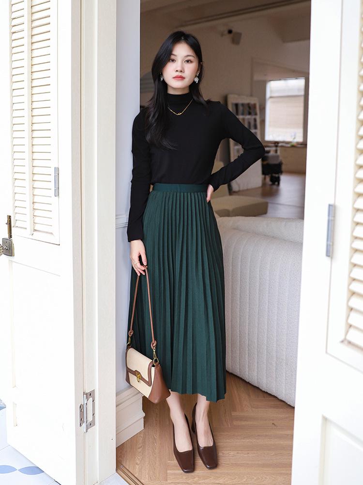 Temperamental Elegant High-Waist Woolen Pleated Skirt - Women's Mid-Length Swing Skirt