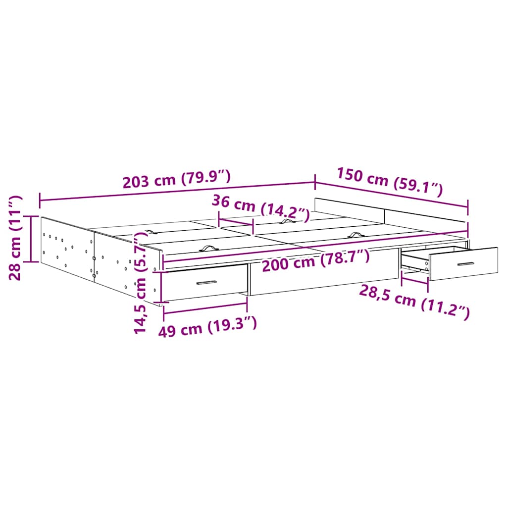Storage Bed Frame Reclaimed Wood Style 150 x 200 cm Particleboard