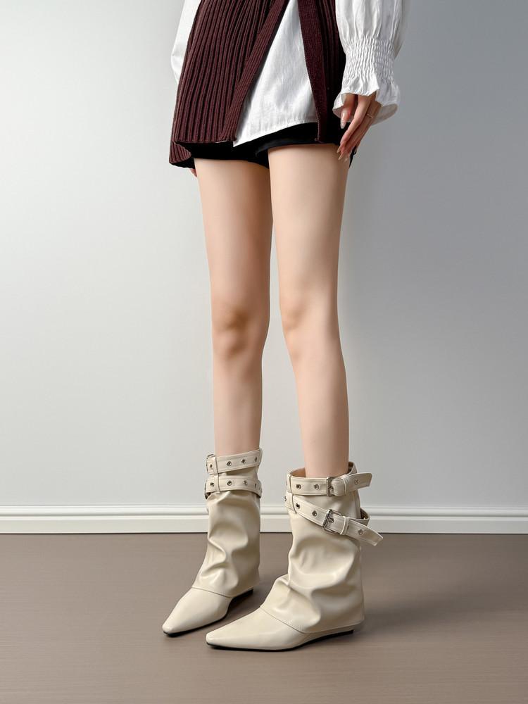 Spice Girl Medium Tube Leather Fashion Boots Rivet Belt Buckle Skinny Knight Boots Pointed Folds New Women's Thick Heel