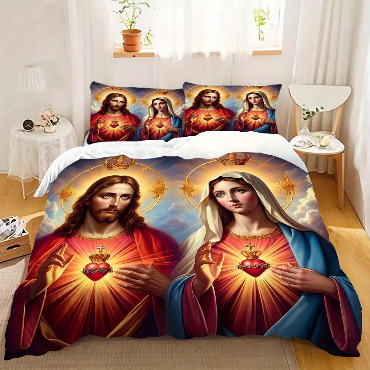 

Comforter 3Pcs Creative Jesus And Mother Pattern Bedding Breathable And Soft Suitable For All Seasons Using Wear-Resistant Polyester Comforter (quilt)-EU Single(135*200cm)3pcs
