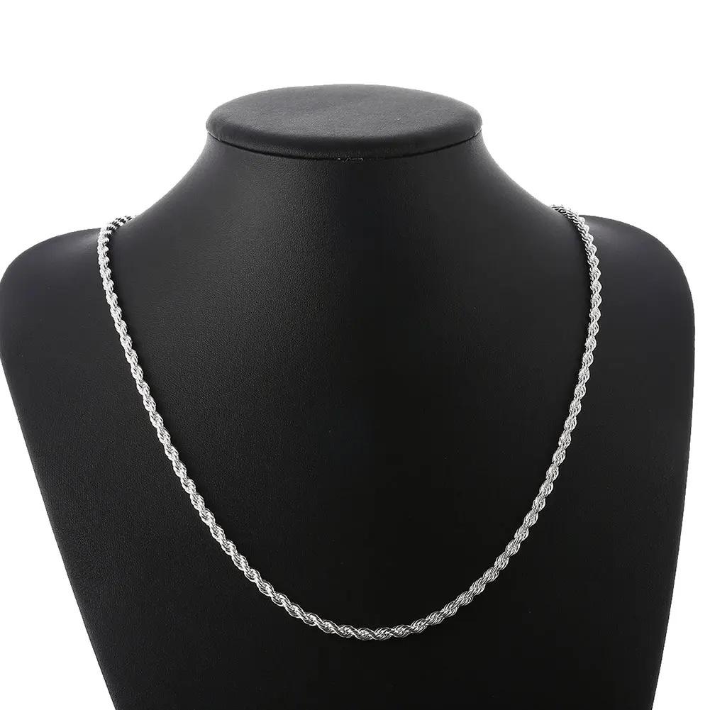 Unisex 4MM Twisted Rope Herringbone Silver Necklace, 16-24 Inches