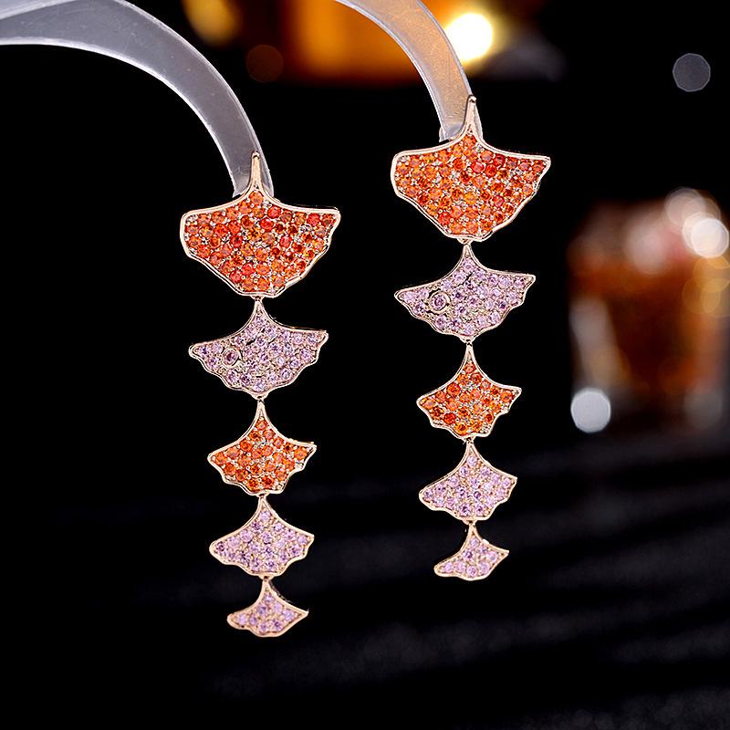 Micro Pave Colorful Zirconia Leaf Dangle Earrings for Women Brand Designer Luxury Wedding Temperament Ginkgo Biloba Earrings