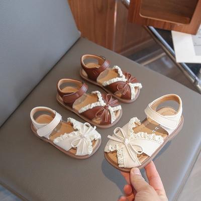 Girls' Sandals  Summer New Children's Princess Shoes with Soft Soles and Soft Tops, Fashionable Lace Bow Sandals for Babies