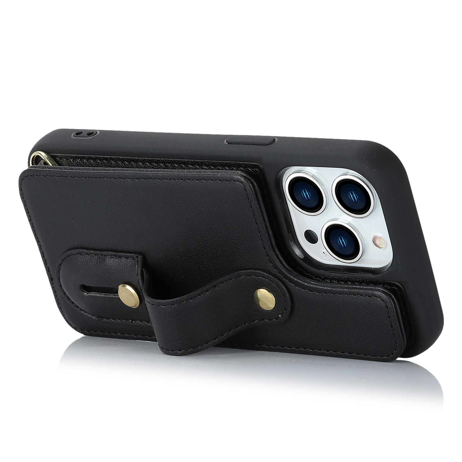 

For iPhone 15 Pro Max Card Slots Kickstand Case PU Leather Coated TPU Phone Cover with Shoulder Strap Black