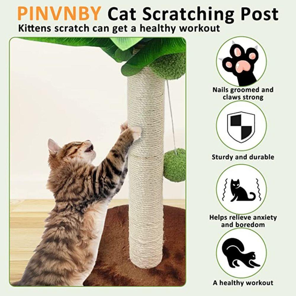 Sisal Rope Cat Scratching Post Green Leaves Durable Design Scratch Post Wooden Track Ball Hanging Balls Interactive Toys