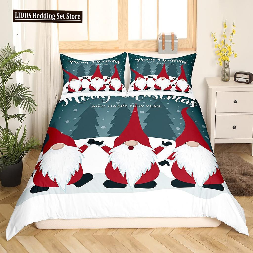 Christmas Gnomes Duvet Cover Set Santa Claus Xmas Comforter Cover Merry Christmas Bedding Sets Winter Snow Holiday Quilt Cover