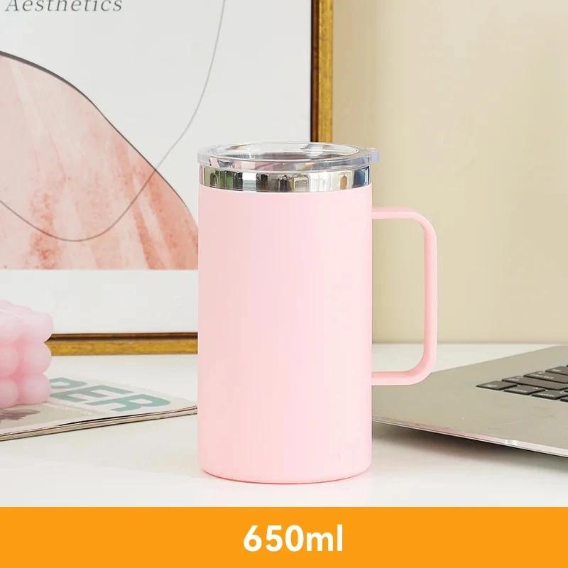 Stainless Steel Water Bottle Protable with Plastic Lid and Handle Double Layers Coffee Milk Cup Insulated Vacuum for Office Work