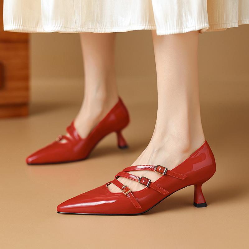 

Q/Женские туфли на высоком каблуке, универсальные для весны и лета, однотонные кожаные туфли с острым носком, большие и низкие кеды. 34 красный