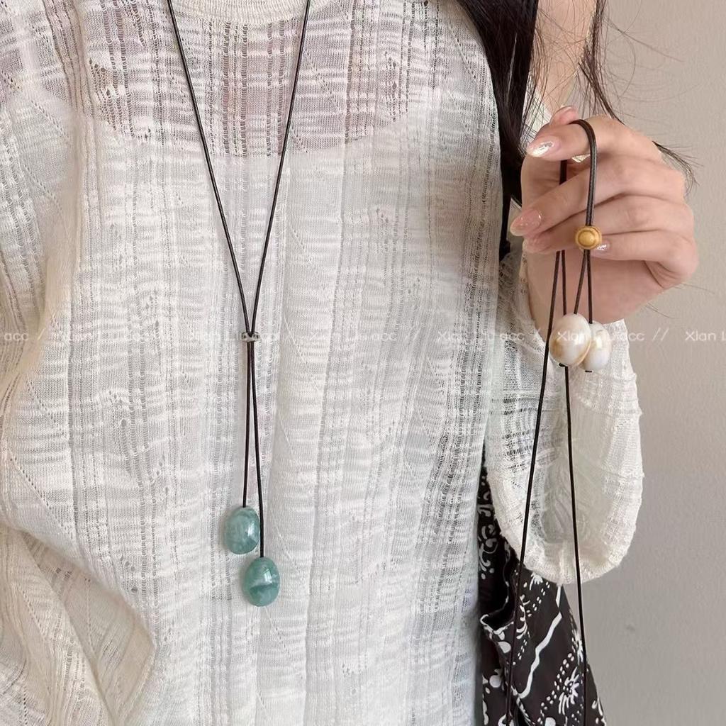 Green Wooden Round Bead Long Necklace Pendant Rope Women's Mori Retro Design Sweater Chain Niche Neck Accessories