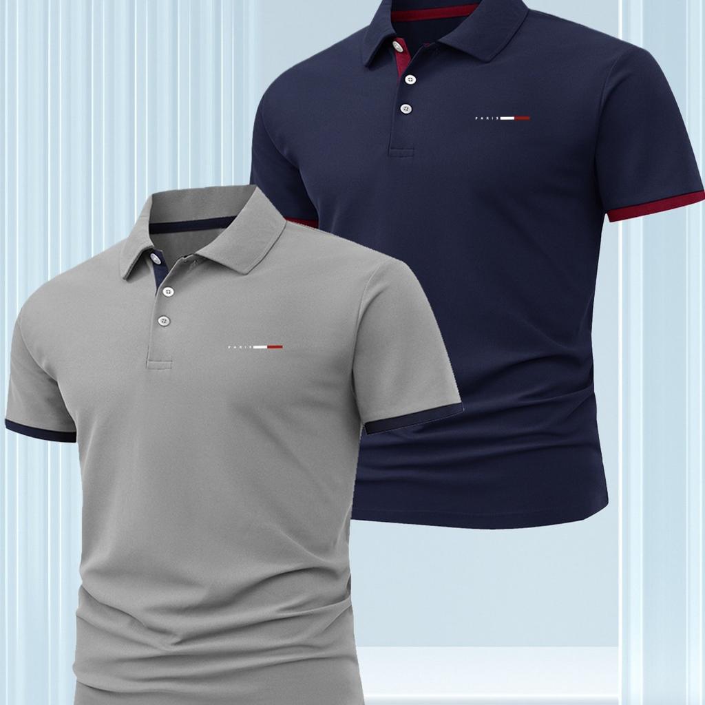 2Pcs Men'S Stylish Color-Blocked Casual Short-Sleeve Polo Shirt, Comfortable And Breathable for Everyday Outdoor Wear