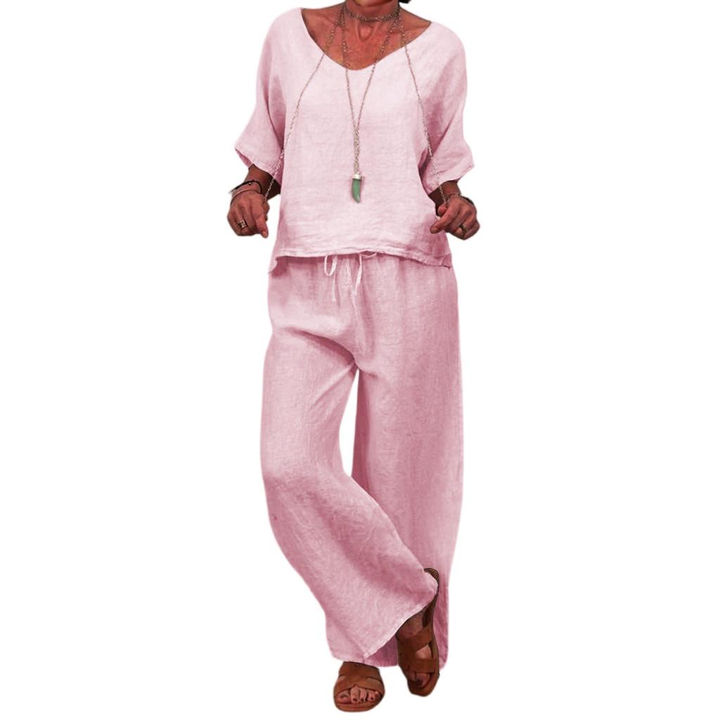 Women's Casual Mid Sleeve Low Round Neck Loose Wide Leg Long Pants Set