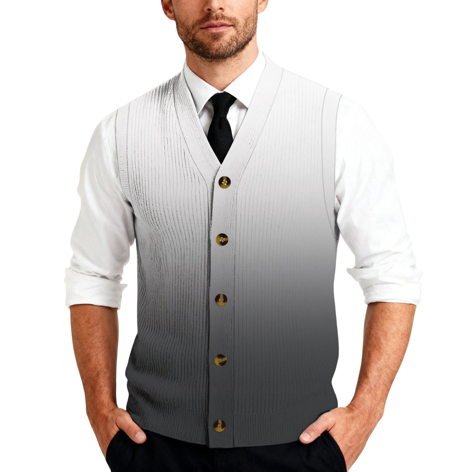 

Mens Classic V Neck Button Down Vest with Gradient Print Knitted Texture Sleeveless Business Casual M білий