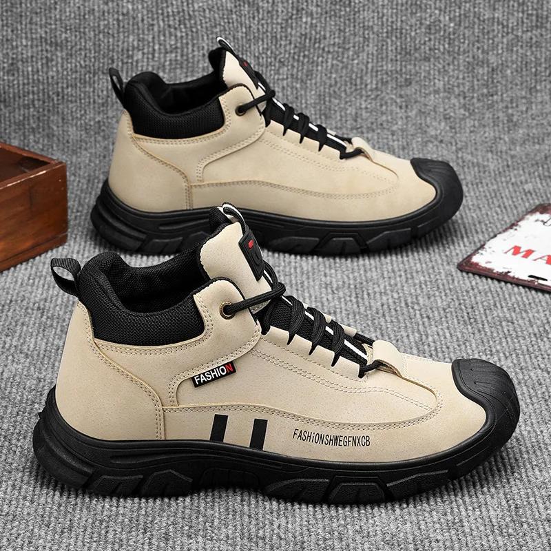 

Men s Shoes 2025 Spring New High Top Leather Casual Sports Shoes Fashionable British Style Thick Soled Anti Slip Work Boots 39 бежевый
