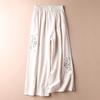 Women's Summer Cotton Wide Leg Pants Loose Vintage Elastic Waist Straight Leg Embroidered Pants Casual Pants