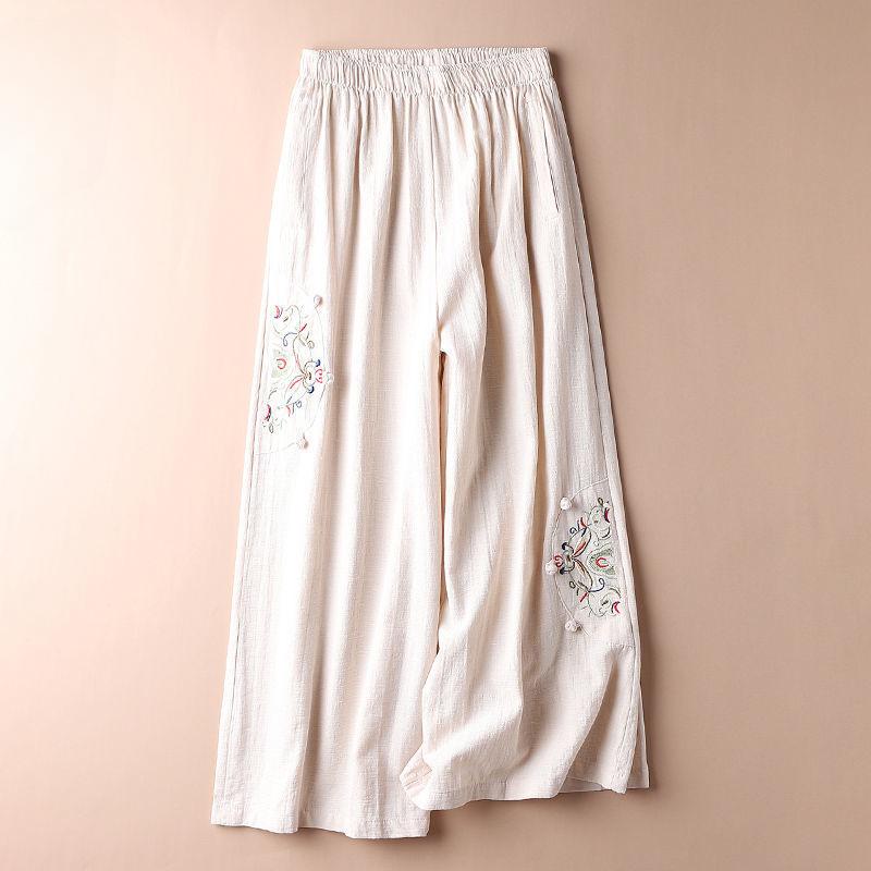 Women's Summer Cotton Wide Leg Pants Loose Vintage Elastic Waist Straight Leg Embroidered Pants Casual Pants